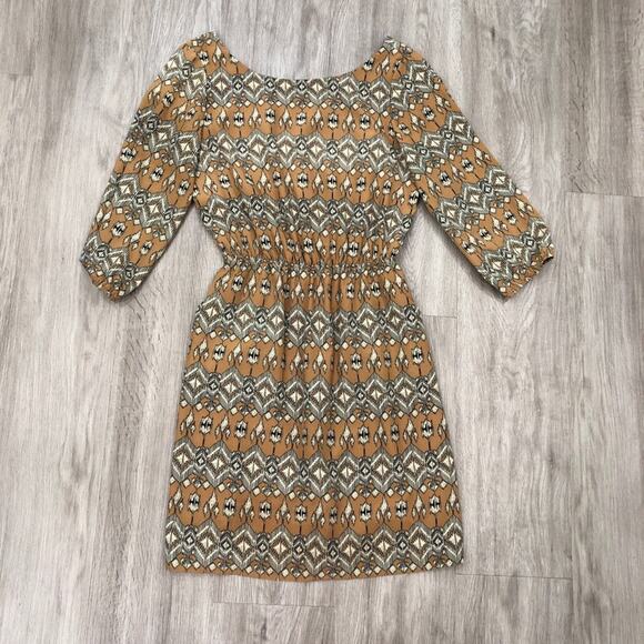 Cremieux Women's Tan Multi Cinched Waist Side Pocket Deep V-Back Dress sz XS - Picture 3 of 3